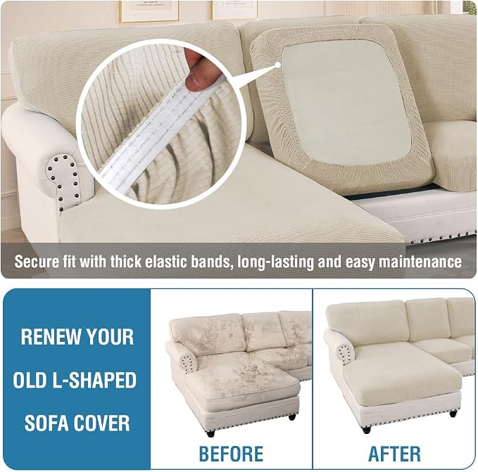 H.VERSAILTEX Sectional Couch Covers 8 Pieces Stretch Sofa Cover for Sectional Sofa Set Separate L Shaped Couch Cover for Both Left/Right Couch (Seat and Back: 1 Chaise + 3 Sofa, Island Fossi)