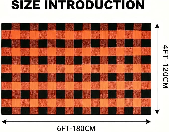 Buffalo Plaid Rug 4' x 6' Orange and Black Halloween Front Doomat Reversible Layered Porch Rug Washable Hand Woven Cotton Area Rug for Indoor Outdoor Living Dining Room Bedroom Kitchen Porch Decor