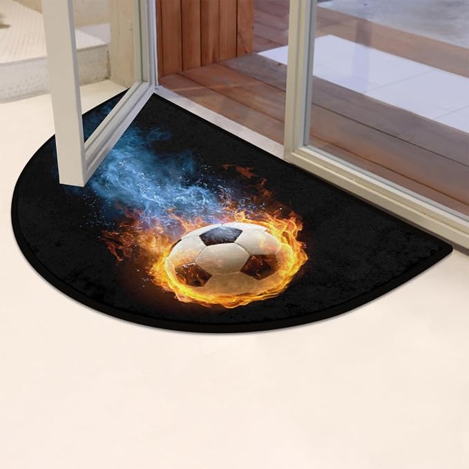 Soccer Half Round Doormat Non-Slip Semi Circle Rug Half Moon Mat | Black Flame Washable Soft Absorbent Indoor Outdoor Entrance Kitchen Bathroom Sink Patio Welcome Fireplace Floor Rug
