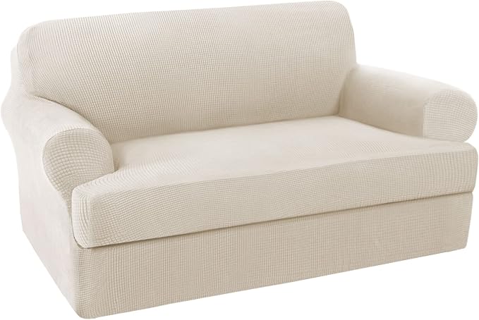 H.VERSAILTEX Stretch Sofa Covers 2 Piece for 2 Cushion Couch Covers Sofa Slipcovers Furniture Covers Suit for T Cushion/Box Cushion Feature Deluxe Textured Jacquard - Loveseat, Ivory