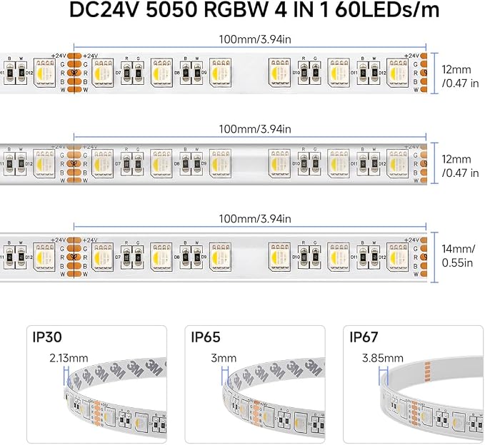 BTF-LIGHTING RGBW LED Strip Lights,UL Listed,5050 4 Colors in 1 RGB + 2700K-3000K Warm White,24V DC,16.4ft/5m 60LEDs/m 12mm White PCB, IP30 for Home Decoration(No Adapter or Controller)