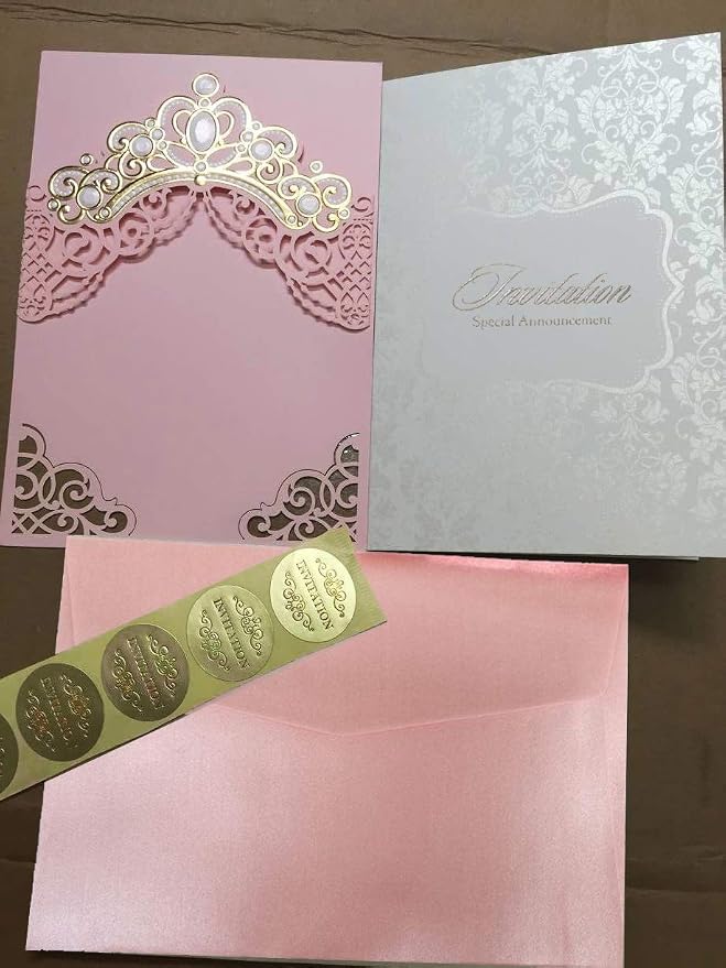 Hosmsua 50PCS Blank Pink Quinceanera Invitations Kit 5x7.3 Inch Laser Cut Floral Gold Crown Pocket Quinceanera Invitation Cards with Envelopes for Birthday Bridal Shower Invite