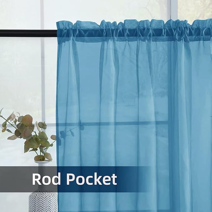 youleyar Solid Sheer Rod Pocket Curtain Voile Draperies 2 Panels White Beige Black Grey Ivory 52 Inch Width 84 Inch Long 1 Pair for Kitchen Bedroom Children Living Room Yard (Blue,52Wｘ84L)