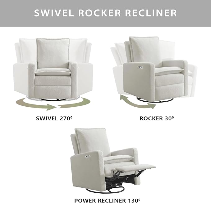 Oxford Baby Uptown Power Upholstered Glider Recliner Rocking Chair 270° Swivel for Nursery and Living Room – Boucle White, Green Guard Gold Certified