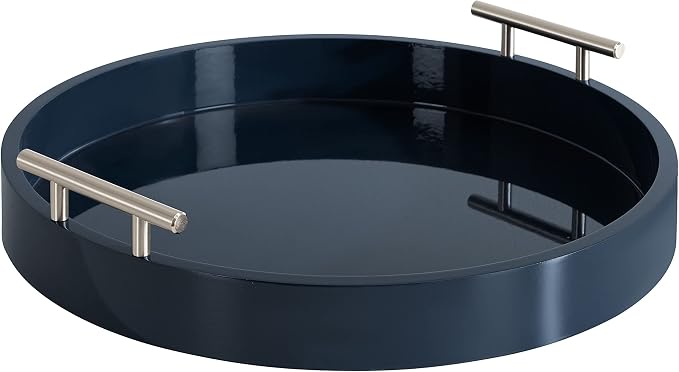 Kate And Laurel Lipton Modern Round Tray; 15.5 Diameter; Navy and Silver; Decorative Accent Tray for Storage and Display