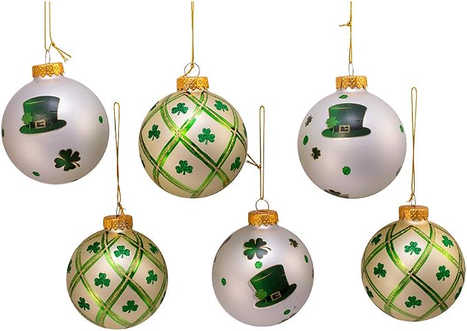 Kurt Adler 80MM Silver and Light Green St. Patrick Glass Ball Ornaments, 6 Piece Box
