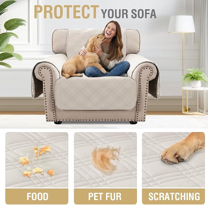 H.VERSAILTEX 100% Waterproof Slipcover Chair Covers Modern Sofa Chair Covers Stay in Place Furniture Protector with Elastic Straps (Chair, French Oak/Beige)
