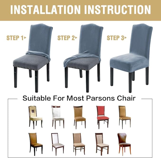H.VERSAILTEX Velvet Dining Chair Covers Stretch Chair Covers for Dining Room Set of 4 Parson Chair Slipcovers Chair Protectors Covers Dining, Soft Thick Solid Velvet Fabric Washable, Stone Blue
