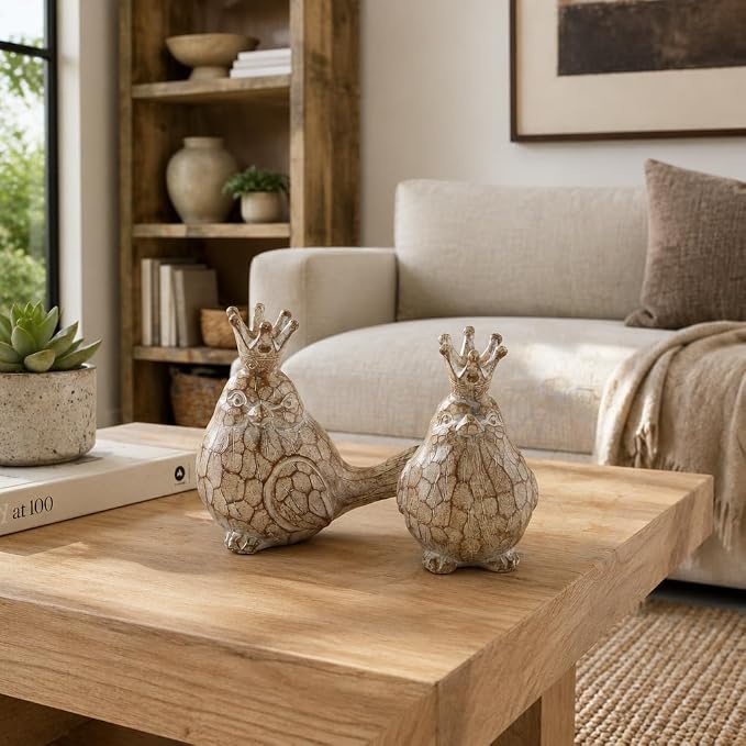 Sagebrook Home Set of 2 Royal Bird Figurines - Decorative Resin Sculptures with Crown - Elegant Home Accent for Living Room, Office & Bedroom - Polyresin Bird Statues - 6" Brown