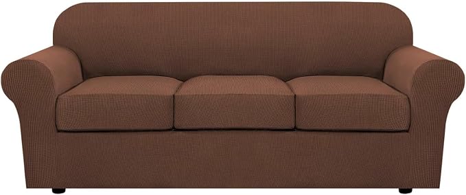 H.VERSAILTEX 4 Piece Stretch Sofa Covers for 3 Cushion Couch Covers for Living Room Furniture Slipcovers (Base Cover Plus 3 Seat Cushion Covers) Upgraded Thicker Jacquard Fabric (Sofa, Caramel)