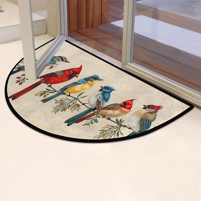 Bird Half Round Doormat Non-Slip Semi Circle Rug Half Moon Mat | Color Retro Bird Washable Soft Absorbent Indoor Outdoor Entrance Kitchen Bathroom Sink Patio Welcome Fireplace Floor Rug