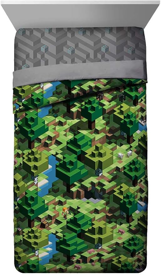 Minecraft Creeper Full Size Comforter Set 7 Piece Kids Bedding, Green | Video Gaming, Bed in a Bag, Comforter Sheets Shams Pillowcases, Official Product, Microfiber, Machine Washable, Boys Gift