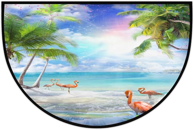 Half Round Doormat Summer Flamingo Flower Non Slip Half Circle Area Rugs Indoor Washable Half Moon Rug Semi Circle Bathroom Runner Mat Entrance Floor Carpet for Kithen Bedroom Fireplace Decor