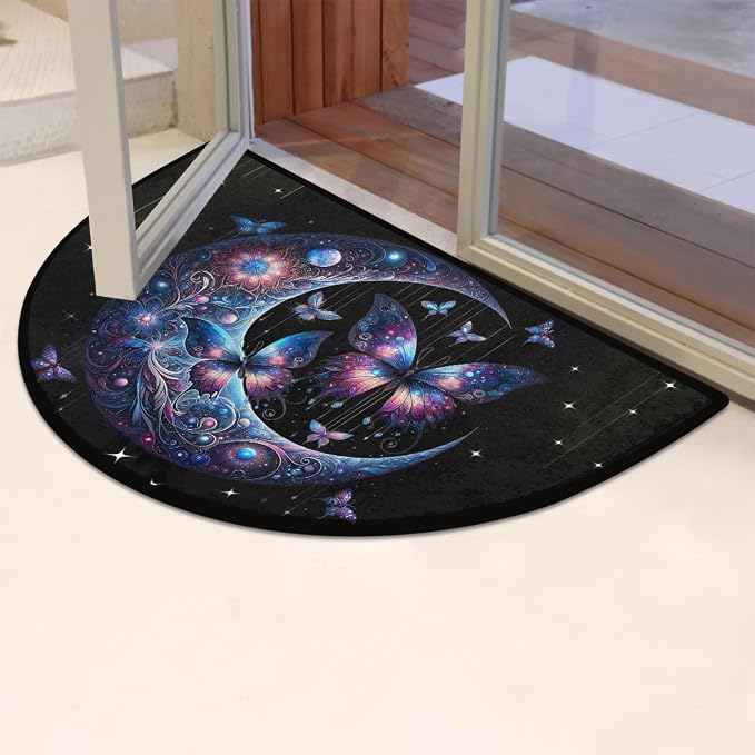 Butterfly Moon Half Round Door Mat Non Slip Half Circle Rugs | Moon Galaxy Washable Half Moon Rug Semi Circle Rugs Indoor Entrance Floor Carpet for Kithen Bedroom Fireplace Decor