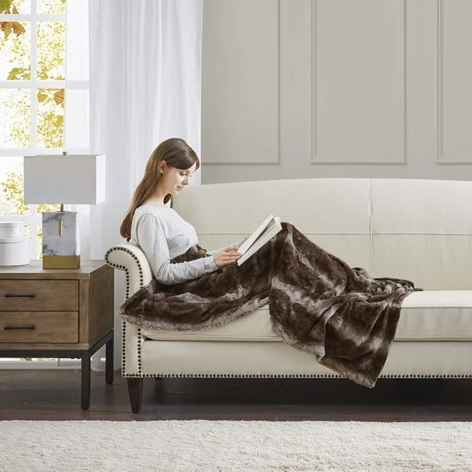 Madison Park Zuri Faux Fur Reversible Throw Blanket, 50 x 60 in, Brown | Oversized Soft Plush, Luxury, Animal Stripes, Mink Reverse, Modern, All Season, for Bed Sofa Couch, OEKO-TEX Certified