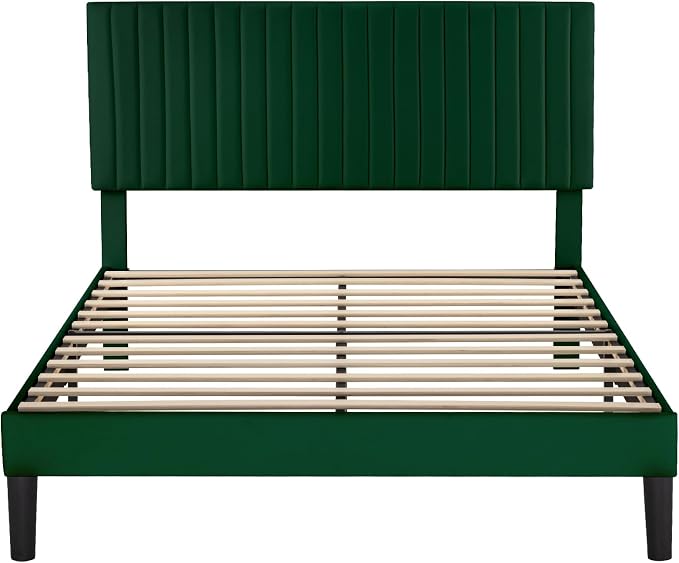 Allewie Queen Bed Frame, Velvet Upholstered Platform Bed with Adjustable Vertical Channel Tufted Headboard, Mattress Foundation with Strong Wooden Slats, Box Spring Optional, Easy Assembly, Green