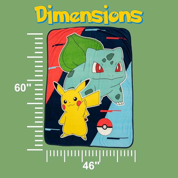 Pokemon Anime Pikachu and Bulbasaur Kids Bedding Super Soft Micro Raschel Throw, 46 in x 60 in, (Official Licensed Product) By Franco