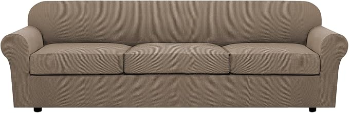 H.VERSAILTEX 4 Piece Stretch Sofa Covers for 3 Cushion Couch Furniture Slipcovers for Living Room (1 Base Cover Plus 3 Seat Cushion Covers) Jacquard Fabric Cover (XL Sofa, Macchiato)