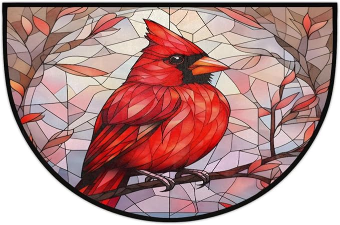 Half Round Door Mat Indoor,Cardinal Bird Glass Painting Non-Slip Entrance Welcome Mats for Bedroom Semi Circle Bathroom Floor Rugs House Entry Way Area Heavy Duty Doormat for Living Room 36x24 In