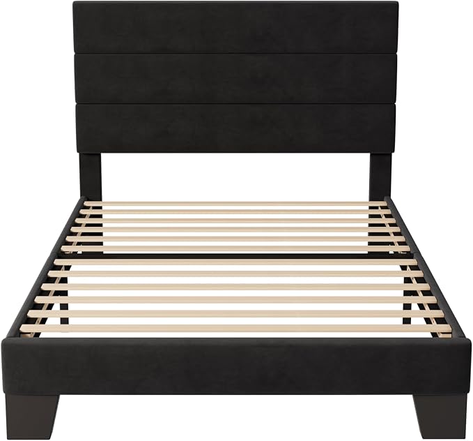 Allewie Twin Size Platform Bed Frame with Velvet Upholstered Headboard | Wooden Slats Support, Fully Upholstered Mattress Foundation, No Box Spring Needed, Easy Assembly, Noise-Free, Black