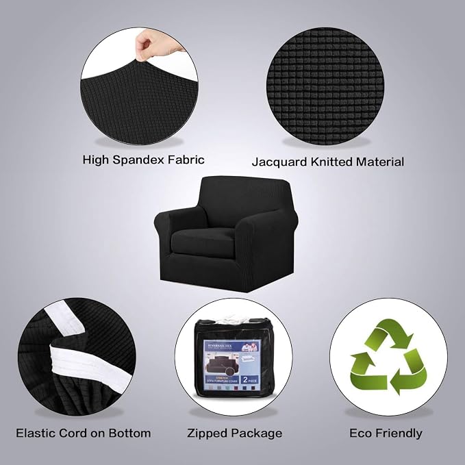 H.VERSAILTEX Stretch 2 Piece Chair Covers for Armchair Chair Covers for Living Room Furniture Cover Suit for T Cushion/Box Cushion, Spandex Jacquard Fabric Small Checks(Armchair-Oversized, Jet Black)
