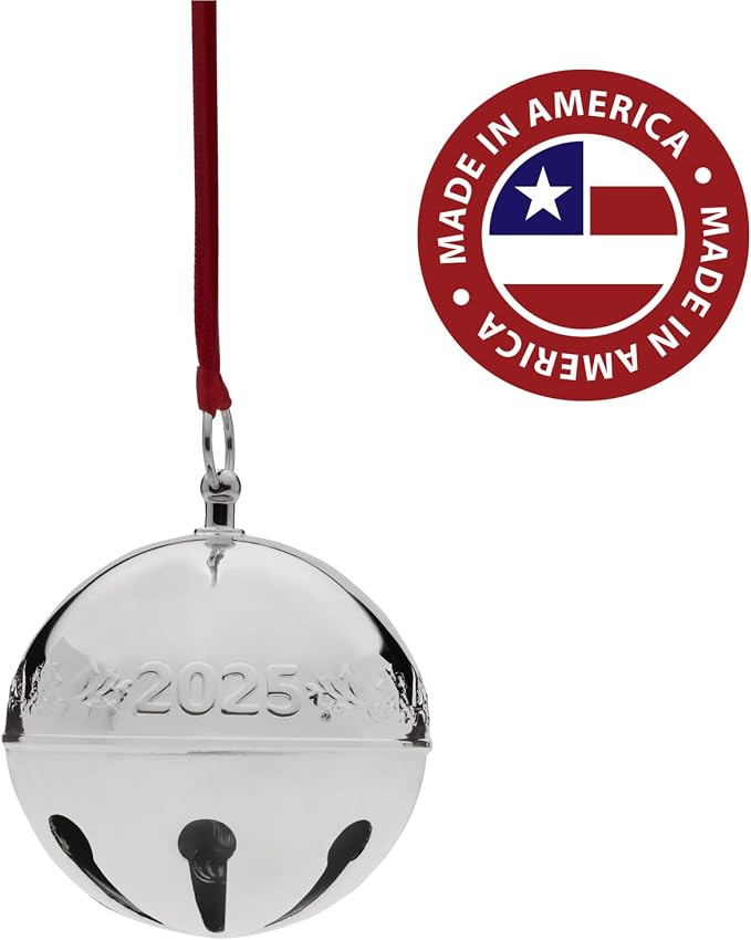 Wallace 2025 Silver-Plated Sleigh Bell Ornament 55th Edition - Cardinals and Poinsettias Holiday Collectible - Handcrafted Annual Christmas Bell with Gift Box