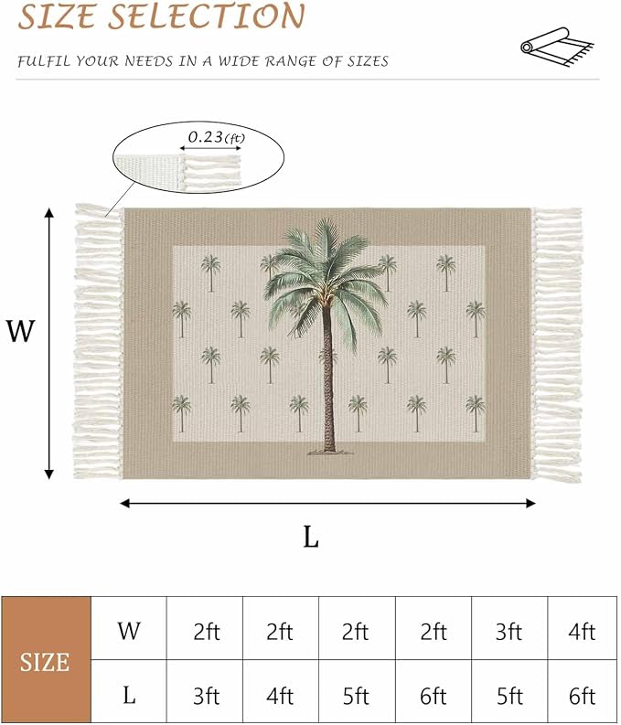 Tropical Palm Tree Runner Rug 2X4 Ft Entryway Outdoor Indoor Mat, Washable Woven Brown Summer Beach Plant Throw Carpet with Tassel, Non-Shedding Farmhouse Retro Green Botanical Hallway Bath Mats