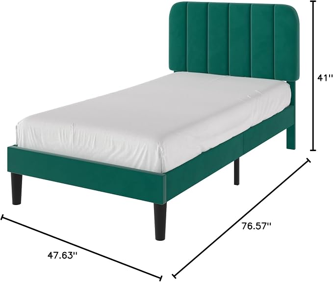 VECELO Twin Size Bed Frame with Upholstered Headboard, Velvet Platform Bedframe Mattress Foundation, Strong Wood Slat Support, No Box Spring Needed,Green