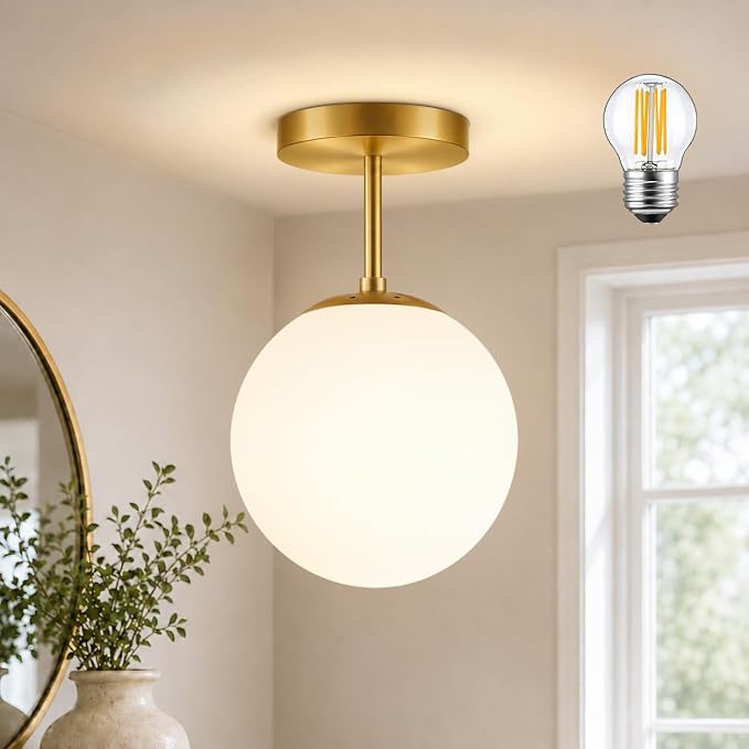 Mid Century Modern Globe Semi Flush Mount Ceiling Light Fixture Frosted Glass with Gold Brass Finish,1-Light Sphere Glass Pendant Lights for Aisle Porch Stairway Closet Kitchen Laundry Room(Bulb Incl)