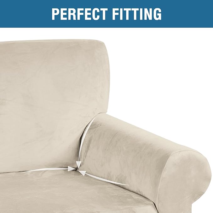 H.VERSAILTEX Stretch Velvet Sofa Covers for 3 Cushion Couch Covers Furniture Protector Soft with Non Slip Elastic Bottom, Crafted from Thick Comfy Rich Velour (Large Sofa 90"-97", Ivory)
