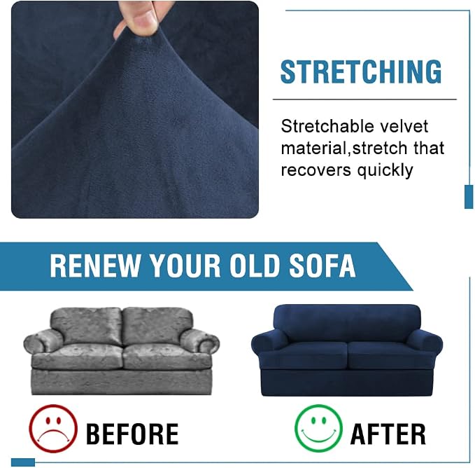 H.VERSAILTEX Sofa Cover 3 Piece T Cushion Sofa Slipcovers Thick Velvet Couch Cover Furniture Protector Stretch T Cushion Sofa Covers for 2 Cushion Couch with 2 Individual T Cushion Covers, Navy