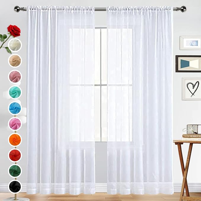 SpaceDresser Basic Rod Pocket Sheer Voile Window Curtain Panels White 1 Pair 2 Panels 42 Width 84 Inch Long for Kitchen Bedroom Children Living Room Yard(White,42 W x 84 L)