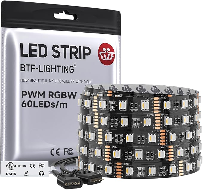 BTF-LIGHTING RGBW LED Strip Lights,UL Listed,5050 4 Colors in 1 RGB + 2700K-3000K Warm White,12V DC,16.4ft/5m 60LEDs/m 12mm Black PCB, IP30 for Home Decoration(No Adapter or Controller)