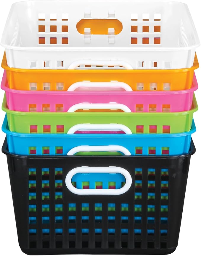 Really Good Stuff Large Plastic Storage Baskets with Handles - 6 Pack | 13.75" x 9.75" x 5", Neon Group Colors, for Books & Supplies, Organize Classroom & Home