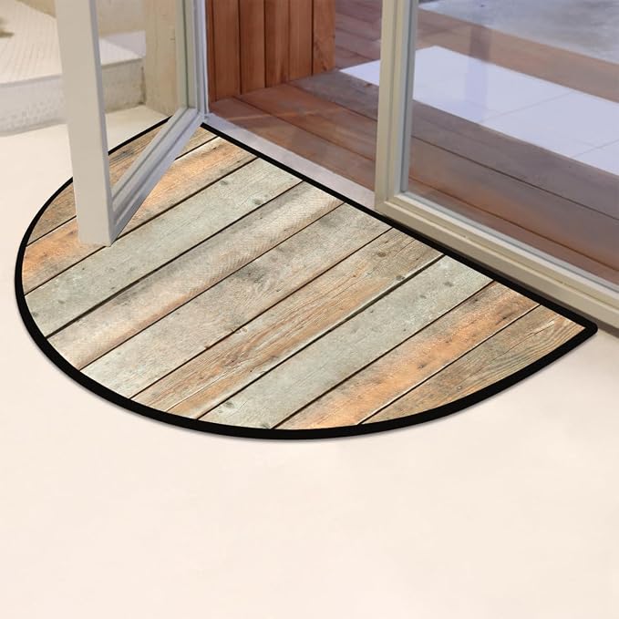 cfpolar Half Round Door Mat Brown Wood Retro Non-Slip Semi Circle Area Rug Washable Half Moon Hearth Rugs for Indoor Outdoor Bathroom Kitchen Patio Runner Mat Laundry Room Home Decoration