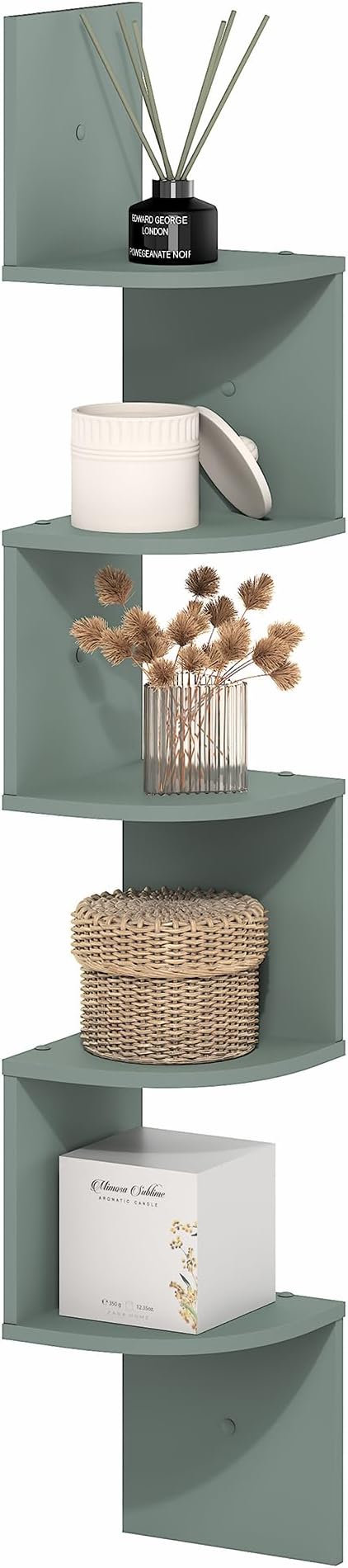 Furinno Rossi Floating Book Shelves for Wall, 5-Tier Zigzag Corner Shelf Wall Mounted, Radial Corner Floating Shelf, for Living Room, Bedroom, Bathroom, Home Office, Sage Green