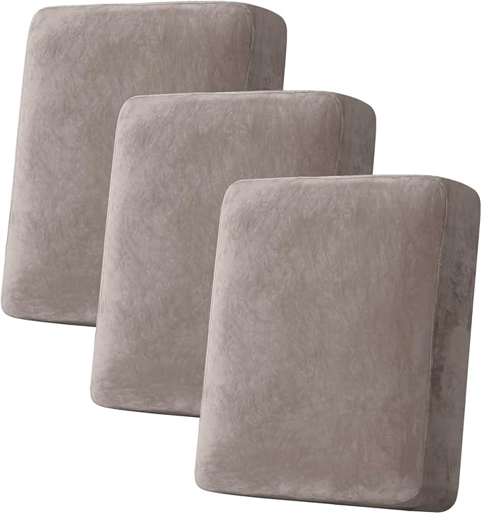 H.VERSAILTEX Velvet Stretch Couch Cushion Cover Plush Cushion Slipcover for Chair Loveseat Sofa Cushion Furniture Protector Seat Cushion Sofa Cover (3 Piece Sofa Cushion Covers, Taupe)