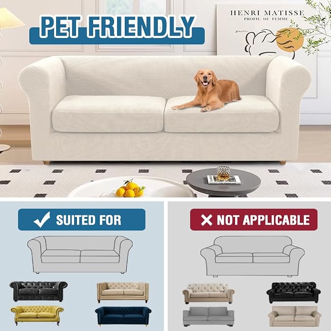 H.VERSAILTEX 3 Pieces Stretch Chesterfield Couch Cover 2 Cushion Sofa Mid Century Deep Seat Slip Covers for Sofas/Couches with Elastic Bottom Thicker Jacquard Fabric(Medium-XL Sofa, Ivory)
