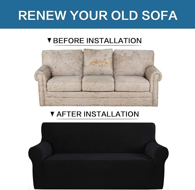 H.VERSAILTEX Stretch Couch Covers for Sofa 1 Piece Slipcovers for Couches and Sofas 3 Seater Couch Cover Feature Thick Checked Jacquard Fabric with Elastic Bottom(Large Sofa 90"-100" Wide, Black)