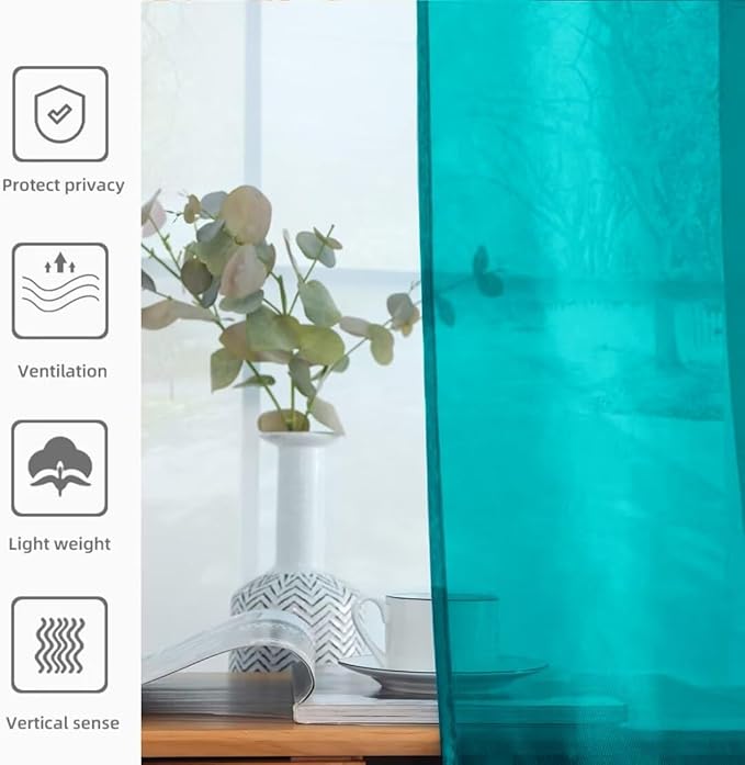 youleyar Solid Sheer Rod Pocket Curtain Voile Draperies 2 Panels White Beige Black Grey Coffee 52 Inch Width 54 Inch Long 1 Pair for Kitchen Bedroom Children Living Room Yard (Peacock Blue,52Wｘ54L)