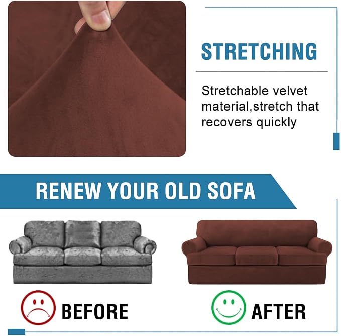 H.VERSAILTEX Sofa Cover 4 Piece T Cushion Sofa Slipcovers Thick Velvet Couch Cover Stretch T Cushion Sofa Covers for 3 Cushion Couch with 3 Individual T Cushion Covers, Burnt Brick