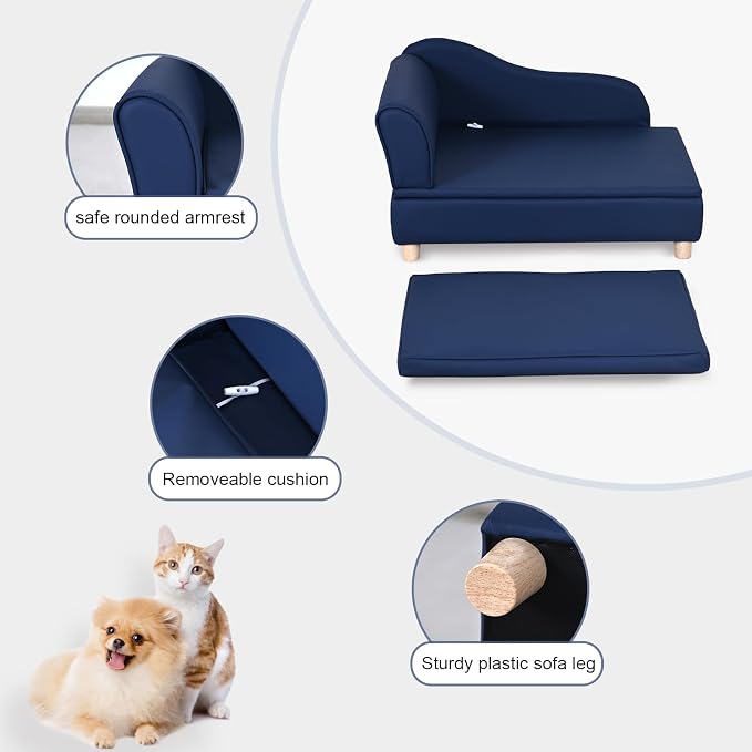 PU Leather Dog Sofa and Chair with Storage - Wooden Frame Cat Sofa Couch with Cushion,Small Pet Bed Sofa for Puppy and Cats (Blue)