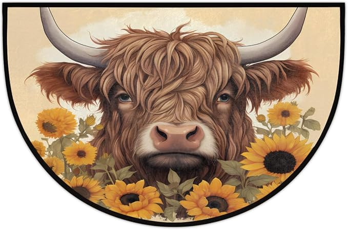 Half Round Door Mat Animal Highland Cow Sunflower Non-Slip Semi Circle Area Rug Washable Half Moon Hearth Rugs for Indoor Outdoor Bathroom Kitchen Patio Runner Mat Laundry Room Home Decoration