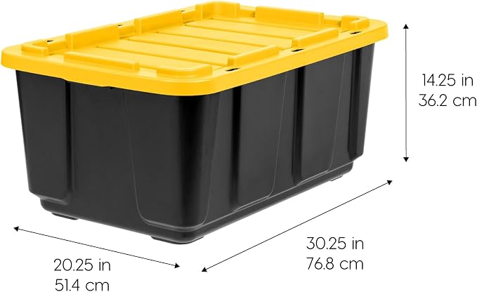 IRIS USA 4-Pack 27 Gal Heavy Duty Storage Tote Bins with Lids, Black/Yellow | Large-capacity design handles moving, camping gear and bulky equipment, Stackable shape maximizes garage storage