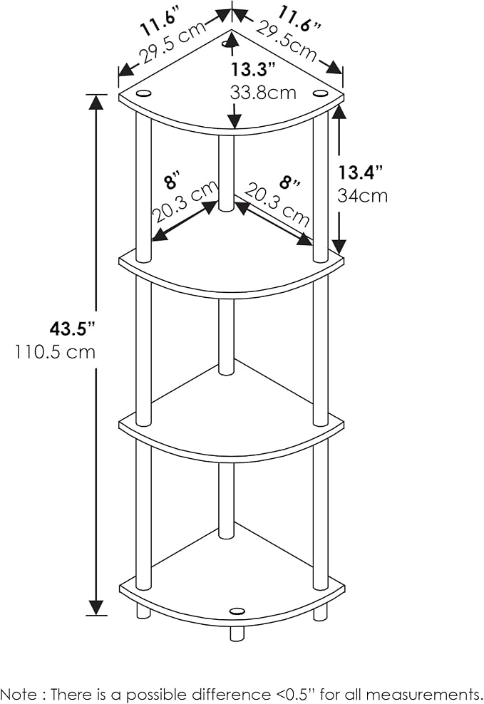 Furinno TURN-N-TUBE Corner Shelf, 4-Tier Corner Bookshelf, Display Storage Shelves with Open Shelves, for Organization and Storage, Living Room, Home Office, Garage, Amber Pine