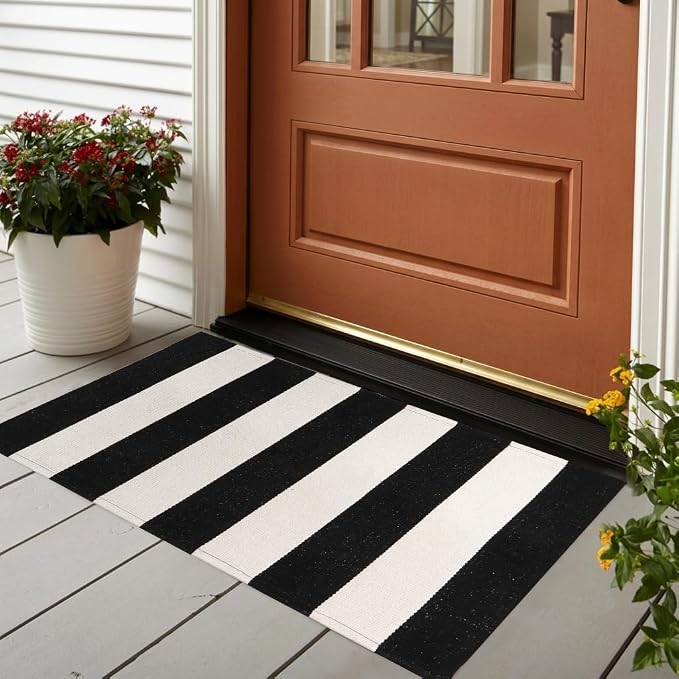 LEEVAN Black and White Striped Rug 2x3 Washable Welcome Go Away Door Mat | Cotton Woven Front Porch Rugs, Layered Door Mats Outdoor Door Mats, Farmhouse Doormat Door Mat Indoor Entrance Halloween Rug