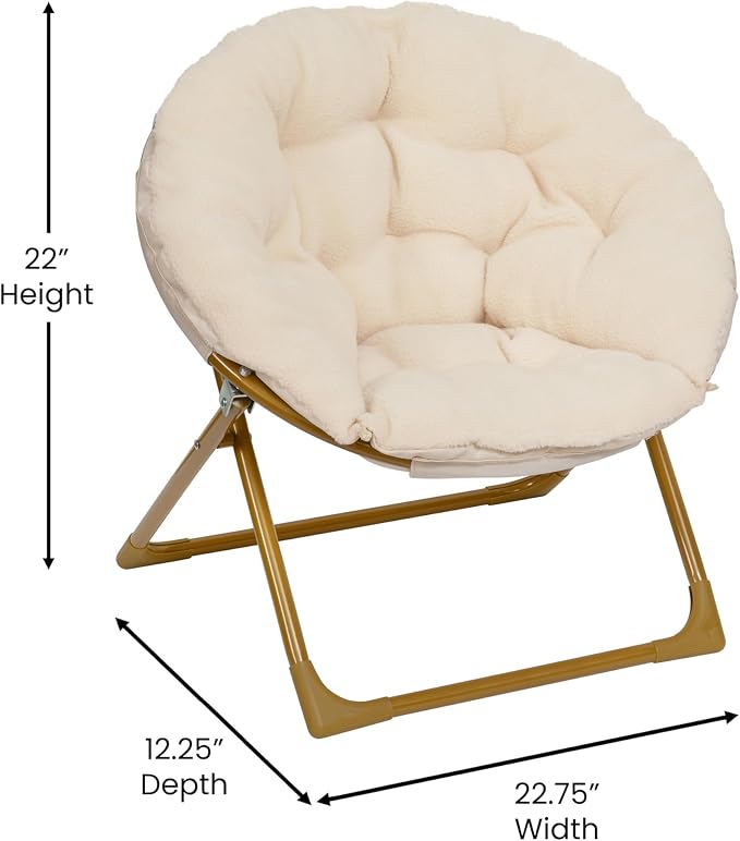 Flash Furniture Kids 23 Inch Folding Saucer Chair, Ivory Faux Shearling | Soft Gold Frame, Portable