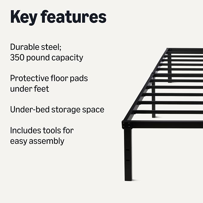 Amazon Basics Metal Bed Frame, Non-Foldable Platform Bed, Easy Assembly, Twin, 39W x 75L x 14H in, Black