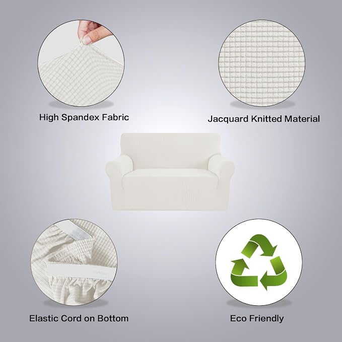 H.VERSAILTEX Stretch Couch Cover Loveseat Covers for 2 Cushion Couch Sofa Slipcover for Love Seat 1 Piece with Elastic Bottom, Checked Jacquard Fabric(Loveseat 58"-70" Wide, Porcelain White)