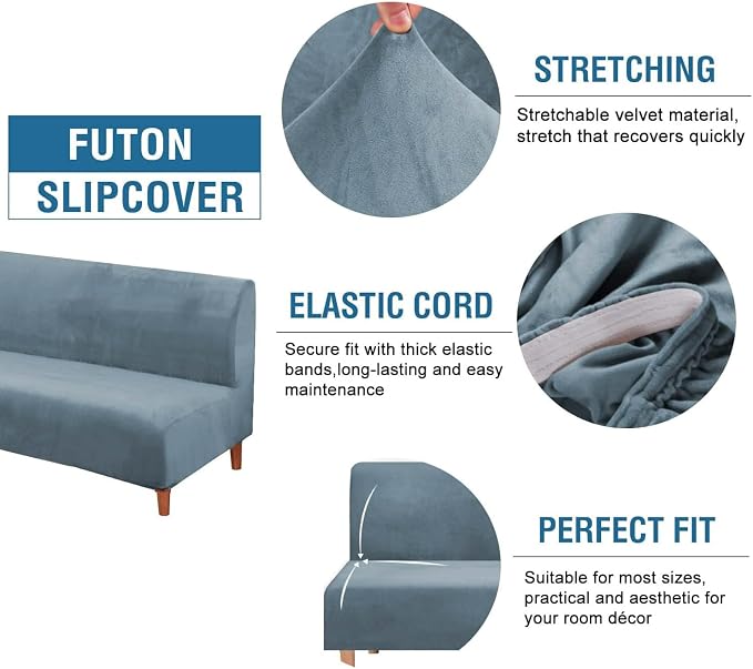 H.VERSAILTEX Real Velvet Futon Cover Armless Sofa Covers Sofa Bed Covers Stretch Futon Couch Cover Sofa Slipcover Furniture Protector Thick Soft Velvet Fabric Form Fitted Stay in Place, Stone Blue